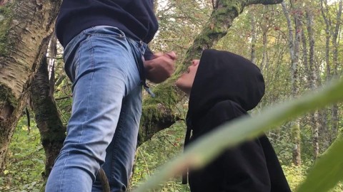 Blowjob and swallow in the forest