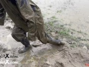 Preview 1 of Muddy Girl in Mud Fields, Rainsuit in the Rain
