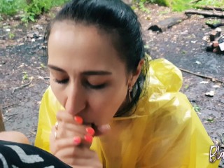 Brunette Girl in Yellow Raincoat Sucks Cock Outdoors