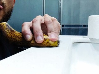 Bearded Mature Man gives Banana a Good Blowjob with Cumshot Included, Give me your Cock please