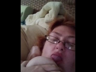 lesbian tit sucking, vertical video, red head, milf