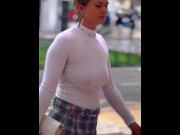 Preview 3 of Walking Braless in white top and mini skirt