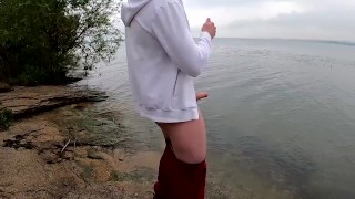 By The Lake The Guy Jerks Off His Big Beautiful Dick