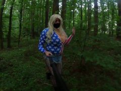 Giant fake tits cross dresser having a walk and a wank in the woods
