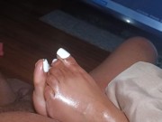 Preview 1 of Ebony teen stepsister gives footjob and handjob until she makes step brother cum