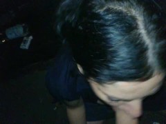 Sucking big cock in blue dress and stockings, taking cum in mouth and licked it from palm...outdoor.