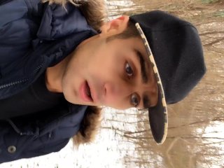 Cumming while walking in the frozen land
