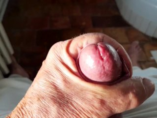 oiled cock, stainless cock ring, cumshot, masturbation