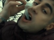 Preview 2 of Licking used cum filled condom public