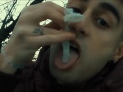 Preview 6 of Licking used cum filled condom public