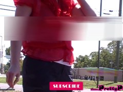 MILF Pretty Pokies smoking roadside as traffic passes wearing a see through sheer blouse