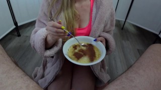 I Suck Until His Cum Is In My Mouth Then I Make My Pancake Juicy With His Cum And Eat It