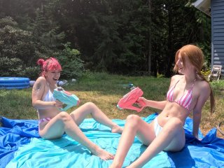 verified amateurs, outside, pink hair, sunbathing