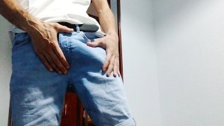 I Masturbate My Tasty Big Cock and Cum While Stepdad Watching TV in the Living Room