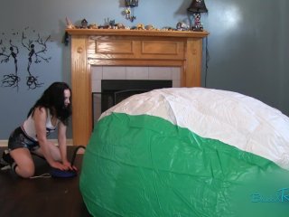 beach ball non pop, giant inflatable, amateur, brunette