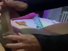 Night time handjob with soft ballbusting: she massages cock and balls