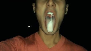 Chewing and making bubbles foam of friends cum public