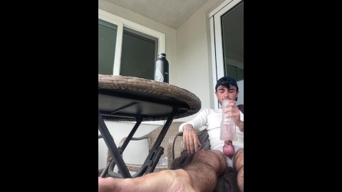 Dirty ripe college boy wanking dick on balcony