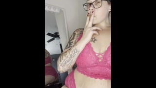 BBW stepmom Milf smoking joint wake and bake in bra and panties from behind POV