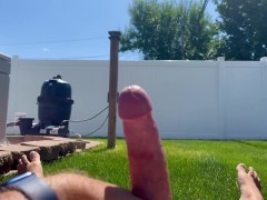 Bearded and tattooed husband jerks off outside to video of MILF wife with cumshot on self