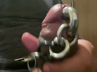 pierced cock, pierced balls, masturbating, lock