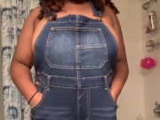 Preview 3 of Young busty ebony shows off new overalls