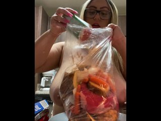 vertical video, cooking, big tits, blonde