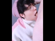 Preview 3 of nerdy femboy sucks and slobbers on cock in a shark hoodie