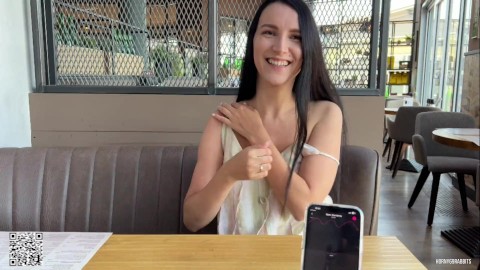 Eva cumming hard in public restaurant thru with Lovense Ferri remote controlled vibrator