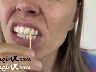 mother, toothpicking, brunette, mouth