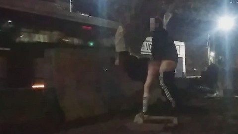 flashing short skirt without panties flashes pussy in public and gets sex in front of onlookers