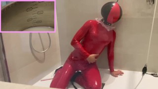 4 Liters Of Enema In An Inflatable Latex Mask And A PVC Catsuit