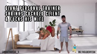 Entrenador personal gigante encoge cliente cornudo y se folla a su esposa