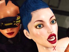Sexy big tits young woman in cuffs gets fucked hard by cyber dickgirl in the prison
