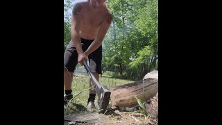 Shirtless Chubby Daddy Chops Wood For Your Fire