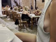 Preview 4 of Night out with side cut shirt, showing tits and nipples at a bar and restaurant public