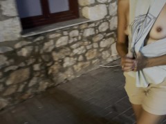 Night out with side cut shirt, showing tits and nipples at a bar and restaurant public