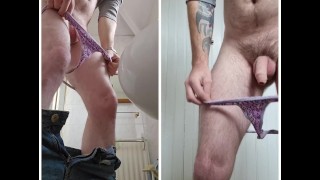 Dual view pissing wearing a thong