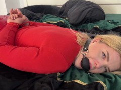 Blonde girl in leather pants tied up and gagged by neighboor