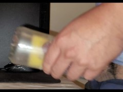Uncut veiny, rockhard, small dick fucks a homemade fucktoy, thick gooey cum at the end! Enjoy!