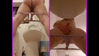 Dual view pissing wearing a thing n white sports socks