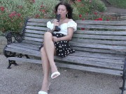 Preview 1 of Hot milf public masturbation with dildo on bench in park. Milf's public masturbation with orgasms.