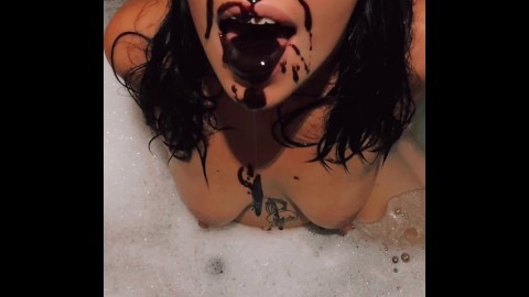 TEASER - Squirting and swallowing chocolate syrup in my bath - Earthling Kelsey