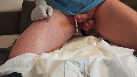 Prostate massage after urinary catheterization, cum on diaper, double orgasm, double cumshot