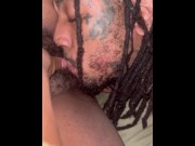 Preview 6 of Light skin dread with face tattoos drinks Ebony hair salon manager’s wet pussy