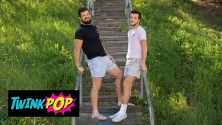 TWINK POP - Bearded Hunk Brysen Takes Newbie Griffin's Big Cock In His Ass Until He Cums On His Face