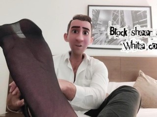 STEP GAY DAD - BLACK SHEER SOCKS WHITE COCK! - COME WORSHIP MY FEET WATCH ME EDGE MY HARD WHITE COCK