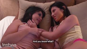 Lesbea Lilly Bella and Mia Trejsi petite teen lesbian romantic pussy licking and scissoring orgasm