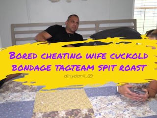 spit roast bondage tagteam cuckold being tied up and fucked by two big dicks bdsm