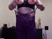 Preview 4 of Fake Boobs FF-Cup: Long thin purple dress and my enourmous strapon tits. (no audio) Tobi00815 (047)